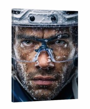 Le visage d'un joueur de hockey sur glace portant un casque et des lunettes de protection à monture épaisse, couverts de glace, expression déterminée, symbole de soif de victoire, vue en gros plan.