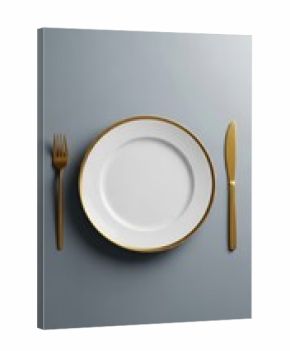 Elegant table setting with gold cutlery and a white plate on a gray backdrop for a simple yet classy dining experience