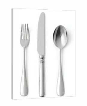 Polished silverware place setting fork, knife, spoon, arranged vertically against a bright white background, showcasing their elegant, slightly elongated designs and reflective surfaces