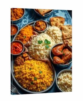 A festive spread of Indian cuisine, featuring aromatic rice, succulent chicken, and warm bread, artfully arranged with silverware and bowls,  meal,  celebration