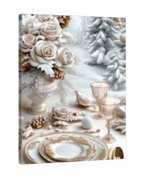 A beautifully arranged pink and white table setting in a snowy pine forest features gold cutlery and delicate floral centerpieces
