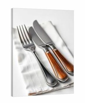 Rustic cutlery on crisp white napkin, high contrast studio shot,  white, cutlery