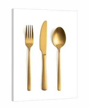 Elegant gold cutlery set including fork knife and spoon on white background