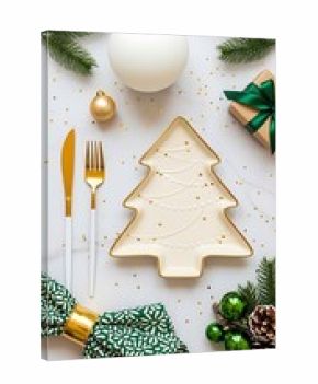 Festive christmas tree shaped plate with gold cutlery and decorations
