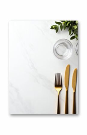 Elegant dining setup with cutlery and foliage.