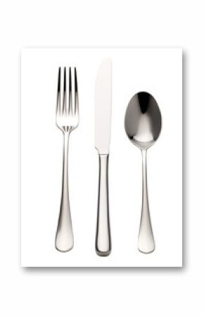 A sleek cutlery set featuring a fork, knife, and spoon arranged for dining on a transparent background
