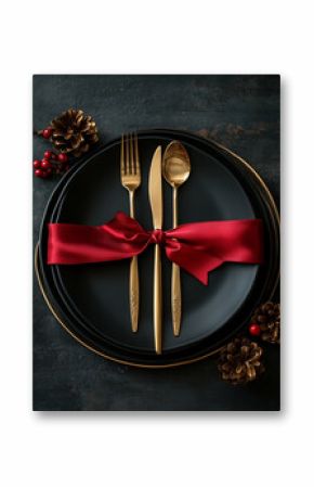 Christmas table setting with a black plate, cutlery, and red ribbon on a dark background, featuring golden cutlery in an elegant style. High-resolution photography of high quality.