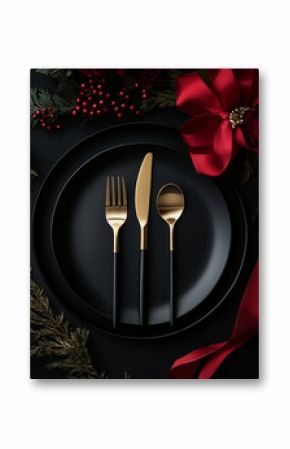 Christmas table setting with a black plate, cutlery, and red ribbon on a dark background, featuring golden cutlery in an elegant style. High-resolution photography of high quality.