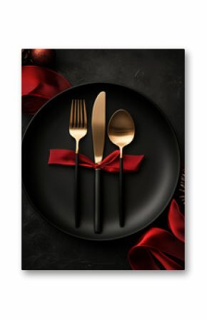 Christmas table setting with a black plate, cutlery, and a red ribbon on a dark background. Christmas decorations. Flat lay, top view. Black mockup for design. Golden knife, fork,