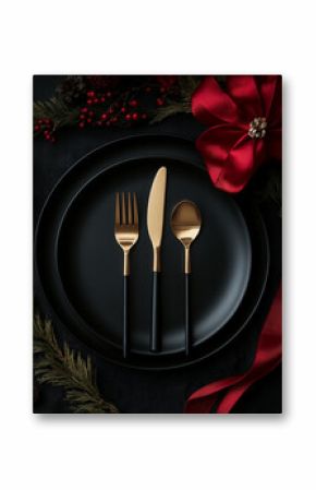 Christmas table setting with a black plate, cutlery, and red ribbon on a dark background, featuring golden cutlery in an elegant style. High-resolution photography of high quality.