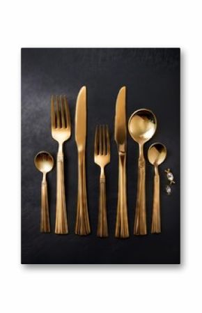 Golden cutlery on black background. Top view. Flat lay.