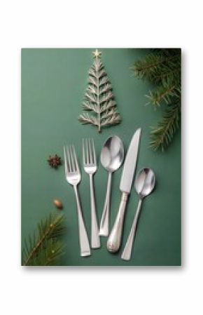 Silver cutlery arranged in the shape of a Christmas tree on a green background. New Year's dinner minimal concept.