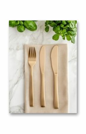 A beautifully arranged set of gold cutlery is elegantly placed alongside a grey linen napkin on a marble surface, ideal for dining