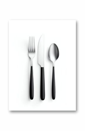 Cutlery set featuring a fork, knife, and spoon with black handles on a white isolated background.