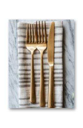 Golden Cutlery Set on Striped Napkin: Elegant Dining Still Life