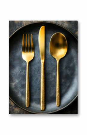 Elegant gold cutlery set on a dark plate offers a luxurious dining experience