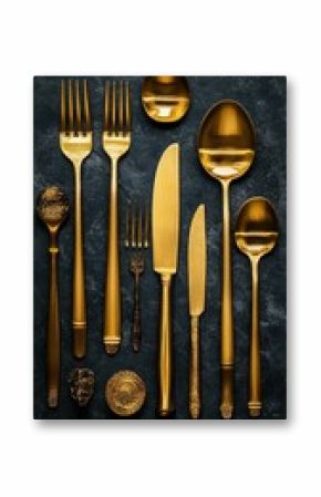 Elegant collection of golden cutlery arranged on a dark textured background for a stylish dining experience