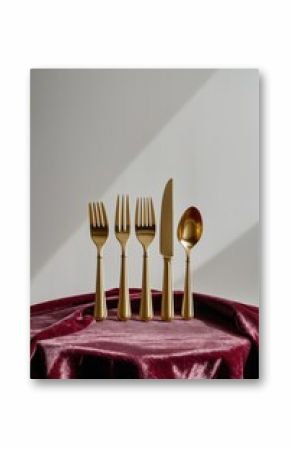 Elegant golden cutlery arranged on a luxurious velvet tablecloth in a well-lit space