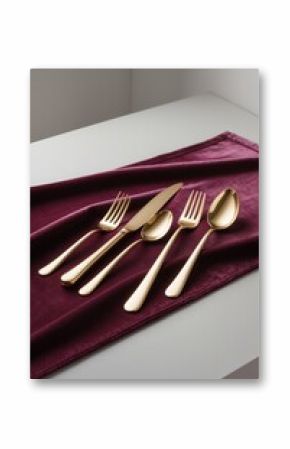 Elegant gold cutlery arranged on a deep burgundy table runner on a minimalistic dining table setting