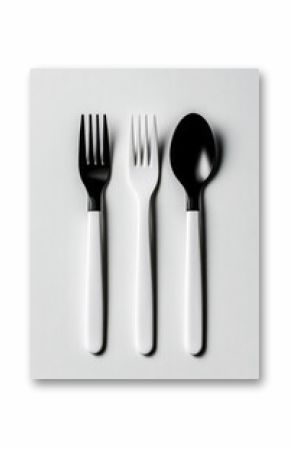 Minimalistic cutlery set featuring black and white forks and spoon, ideal for commercial