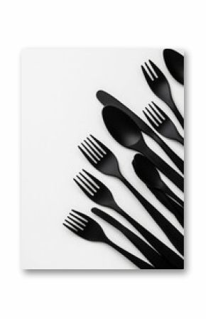 Black cutlery set arranged artistically white background, ideal for commercial, product