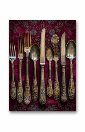 Ornate antique silverware set displayed on patterned burgundy velvet fabric