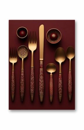 Elegant golden cutlery with intricate designs arranged on a red surface