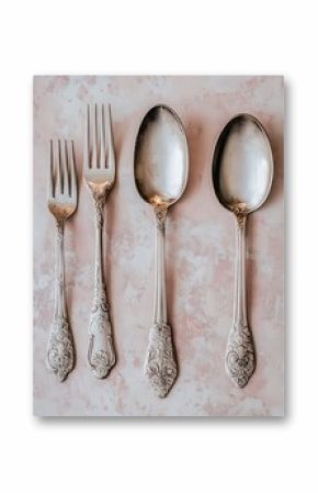 Vintage silver forks and spoons displayed on pink background