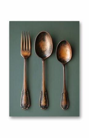 Three antique copper utensils displayed on a muted green surface
