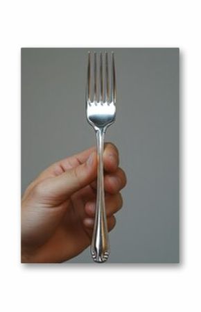 A hand holding a silver fork against a grey neutral background