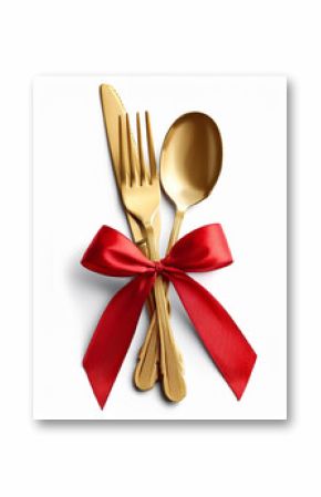 Golden cutlery set tied with a red ribbon on white background. Festive table setting with spoon, fork, and knife. Holiday meal preparation. Elegant dining decor for celebration.