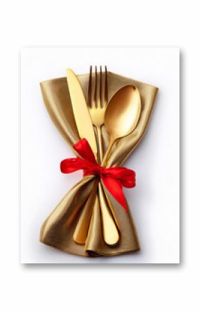 Golden tableware on fabric. Spoon, fork and knife set. Red ribbon tied around. Elegant holiday dinner decoration. White background. Table setting closeup.