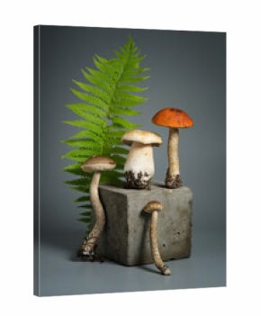 Minimalism conceptual still life with mushrooms and fern. Different boletus on concrete podium on gray background. Superfood concept. Vertical.
