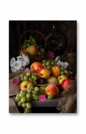 Still life with fruit and vintage jug in retro style