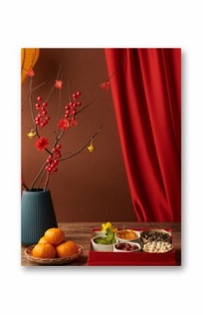 Vase with blooming branches next to box of nuts and candied fruits prepared for Chinese New Year celebration