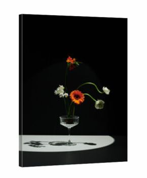 Vertical creative still life composition of fresh flowers in coupe glass on gray table surface against black wall background in spotlight