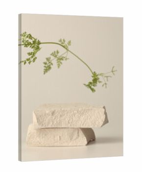 Stones and leaf platform podium on beige light background. Minimal empty display product presentation scene.