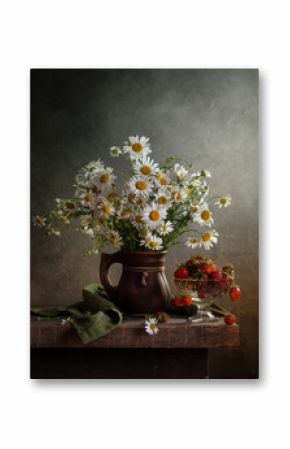 Rustic still life with a bouquet of daisies in a jug and strawberries on a dark background