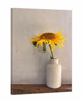 Beautiful sunflowers in vase on rustic background. Stylish flower still life, summer artistic composition. Floral vertical wallpaper