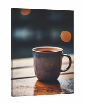 A cozy and moody coffee setting with a rustic wooden table.