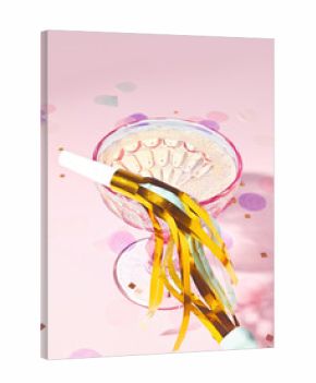 Party Horn with Gold Tinsel Sitting on a Celebratory Champagne Glass and Confetti on an Iridescent Tinsel background Party Scene in Dreamy Pastel Colors