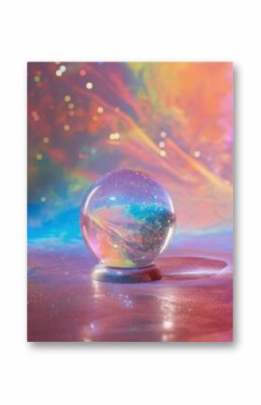 A crystal ball filled with sparkling cosmos sits on a vibrant, colorfully illuminated base