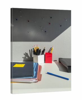 Office Supplies still life on office Cubicle desk background