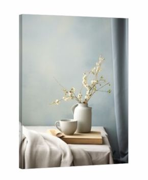 A vase with flowers and a cup on a table. Generative AI.