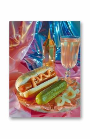 A colorful setup with a fancy hot dog, pickles, onions, and a glass of champagne on a decorative plate