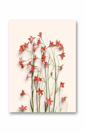 Top view red natural bellflowers with green leaf on pastel colored pink background, botanical blossoms scenic, minimal flat lay. Beautiful nature delicate wild flowers, summer flowering concept