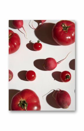 Tomatoes and radishes making pattern on white backdrop under sunlight