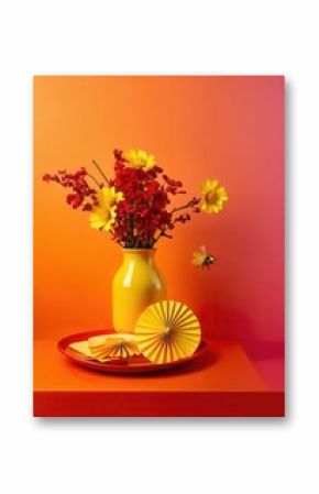 Vibrant Flower Arrangement with Yellow and Red Flowers on Orange Table
