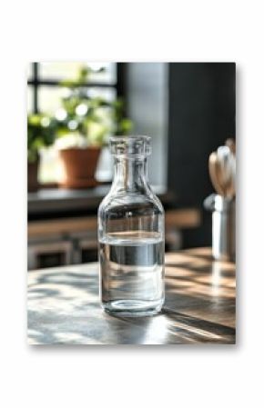 Water bottle and glass on a wooden table with plants in a bright kitchen setting