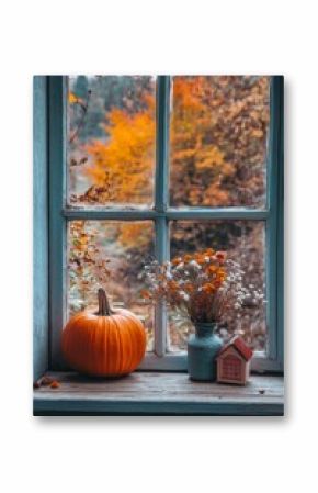 Autumn decor with dried flowers, a pumpkin, and a wooden house near a sunlit window